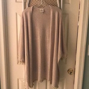 Bell sleeves. Pom Pom trim open front cardigan